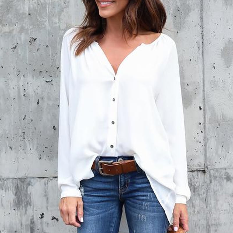 Chic V-Neck Chiffon Button Blouse
