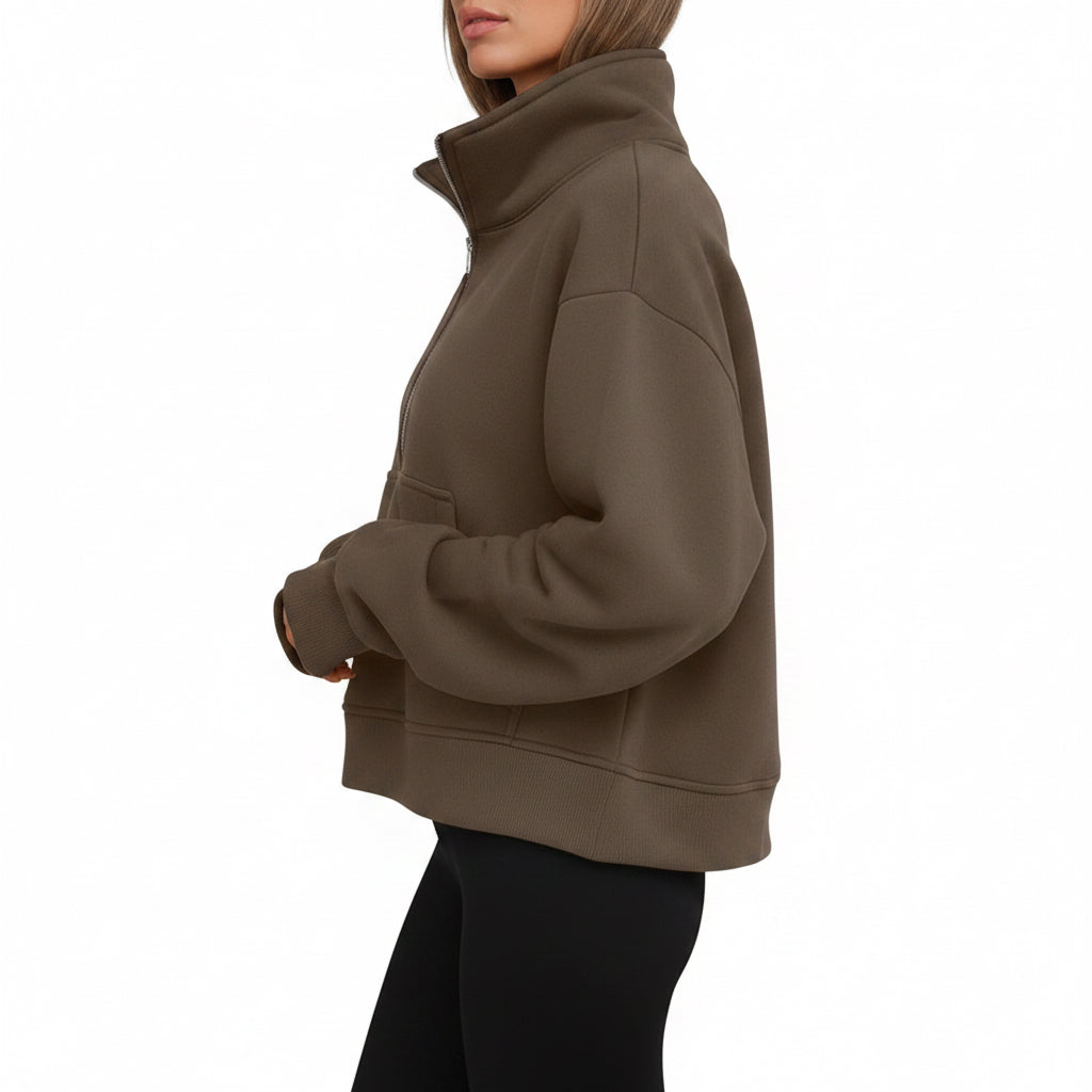 Chic cropped zip hoodie with thumb hole - side view