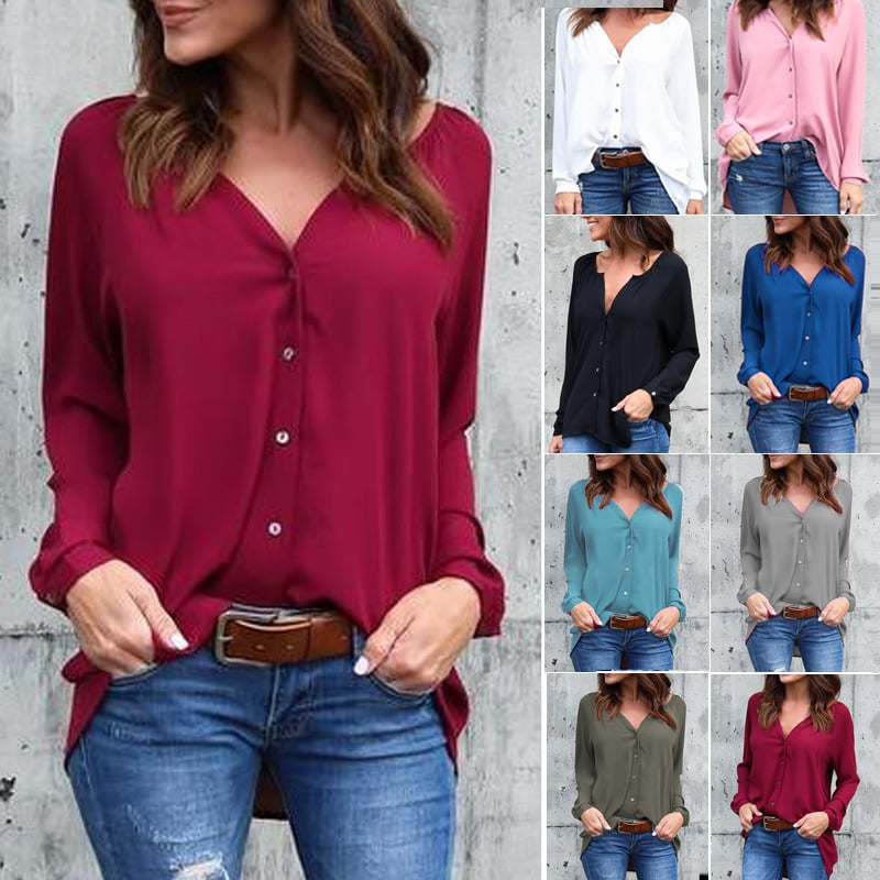 Chic V-Neck Chiffon Button Blouse
