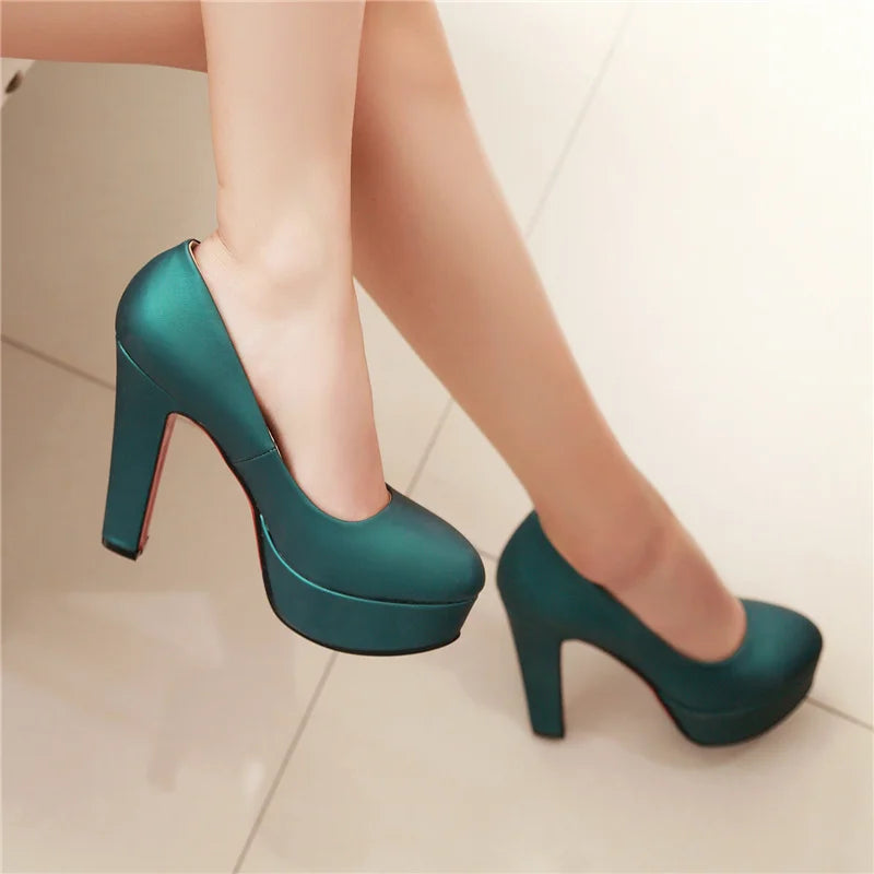 Blue Red Silver Heeled Pumps Shoes Woman High Heels Platform Fashion round Toe Women'S Heeled Office Party Dress Wedding Shoes