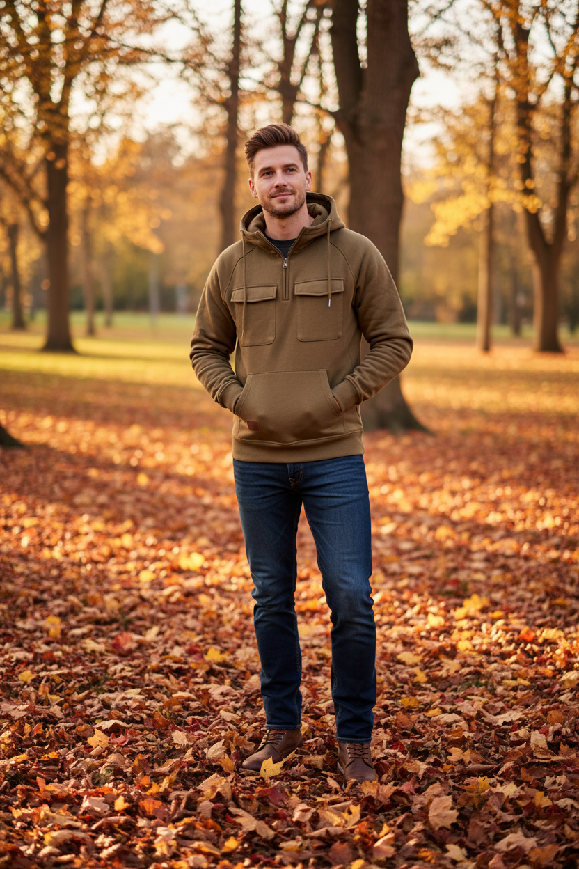 A hooded pullover sweatshirt in a muted olive-brown or khaki-tan color, featuring a half-zip neckline, drawstrings, flap chest pockets, and a front kangaroo pocket, shown on a plain white background.