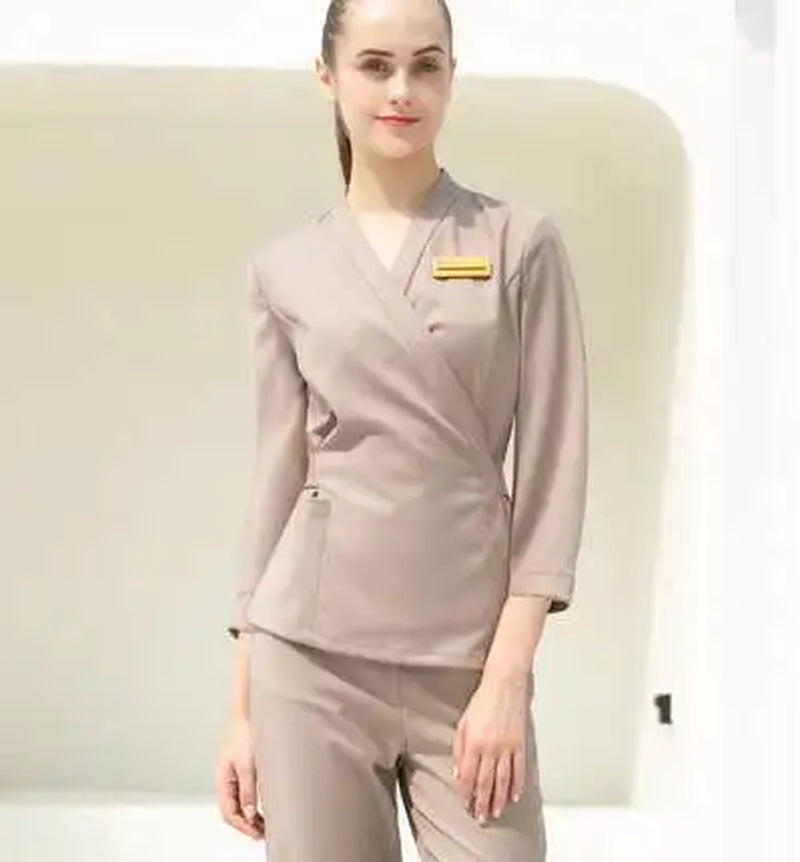 2023 High Quality Uniformes Overalls Women'S Khaki Top+Pants 2 Piece Set Hotel Staffs Work Wear Beauty Salon SPA Uniform