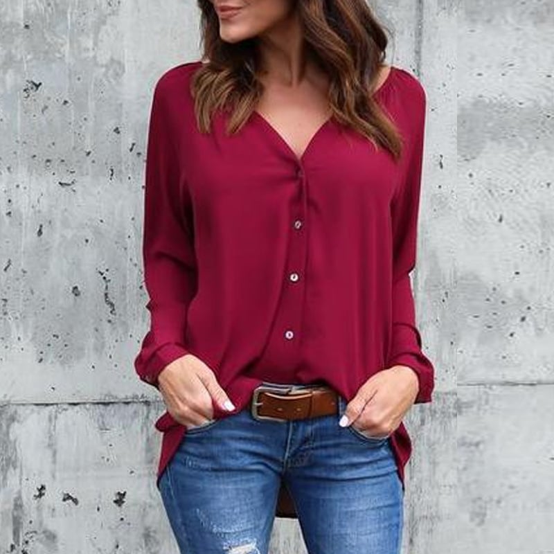 Chic V-Neck Chiffon Button Blouse