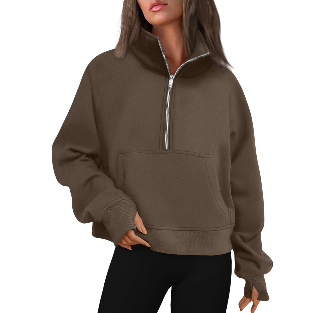 Chic cropped zip hoodie with thumb hole - front view