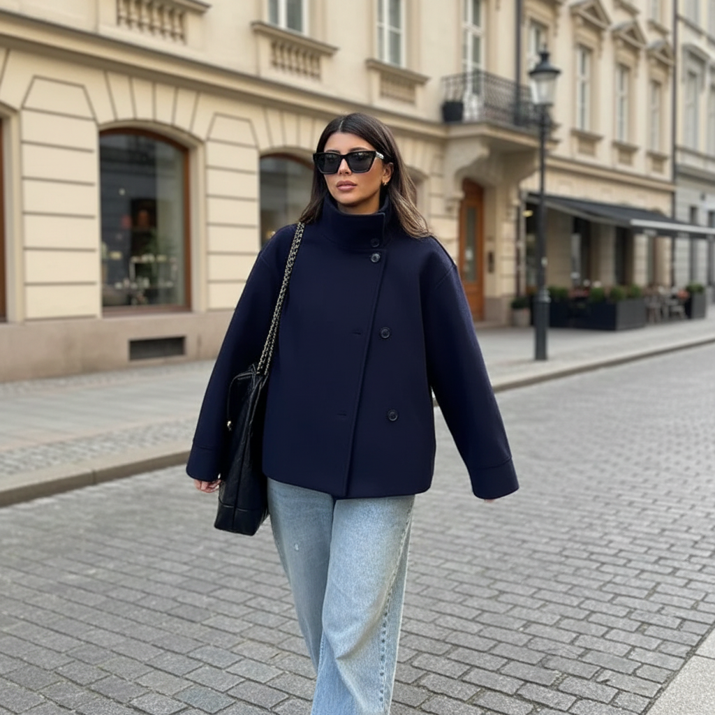 Woman wearing a dark blue coat and sunglasses on a city street.