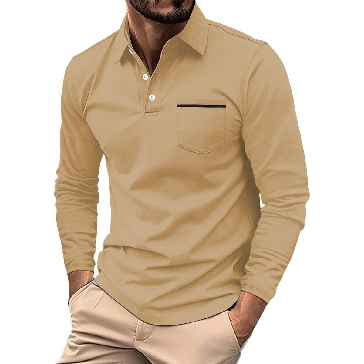Sleek long sleeve men's polo shirt with pocket - front view