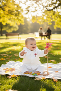 Baby boy in white hoodie jacket outdoors