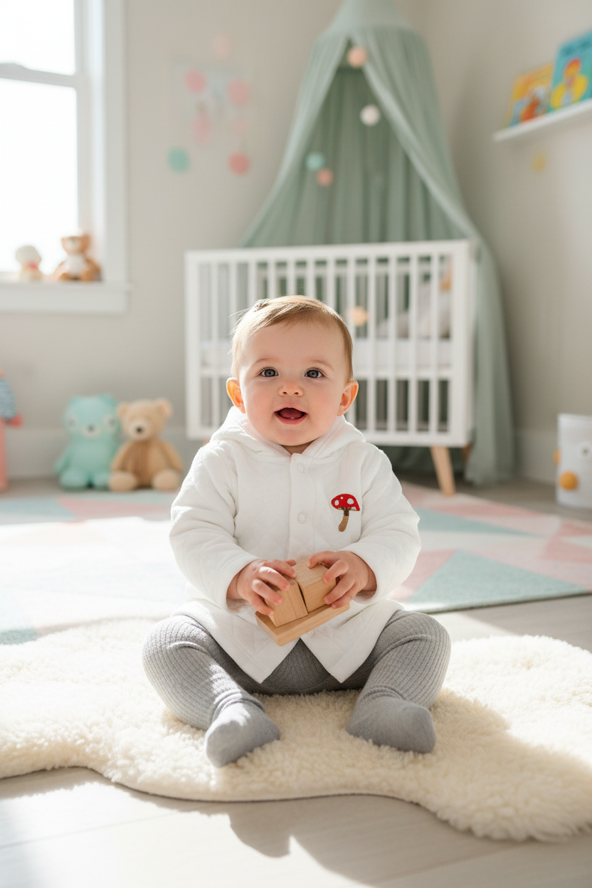 Baby girl in white hoodie jacket indoors