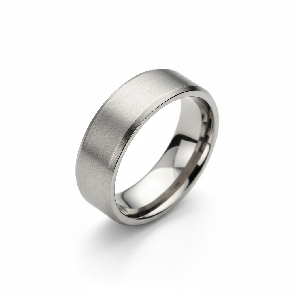 Brushed silver tungsten ring on white background