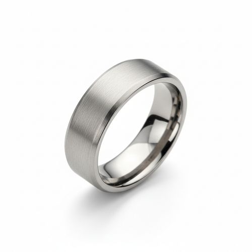 Brushed silver tungsten ring on white background