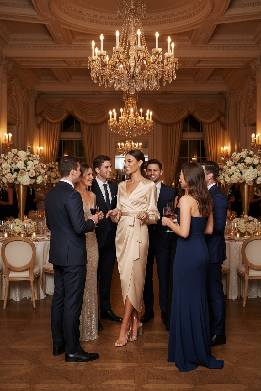 Ladies' deep V-neck satin formal dress in champagne - Formal Event