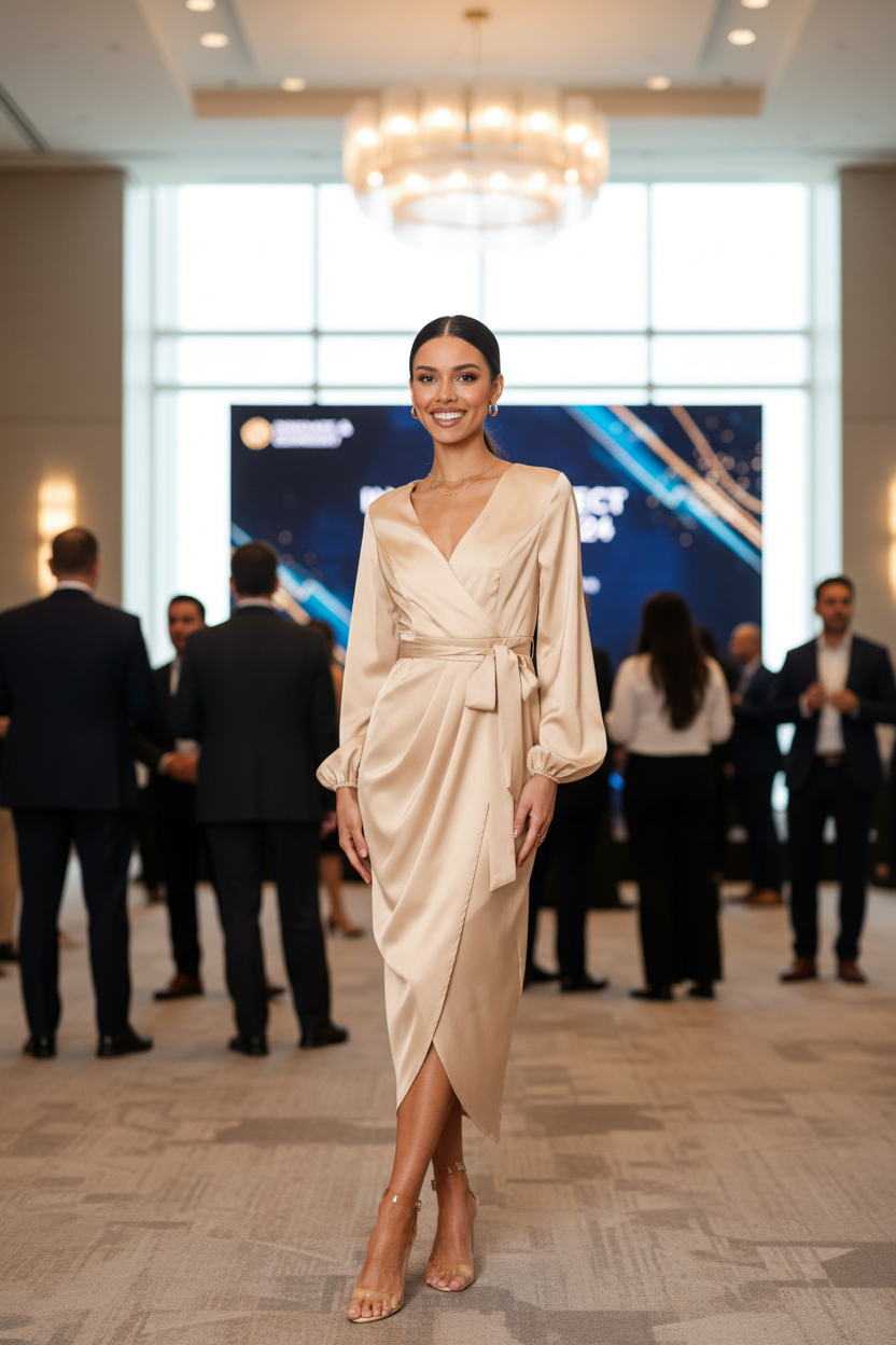 Ladies' deep V-neck satin formal dress in champagne - Business Networking Event