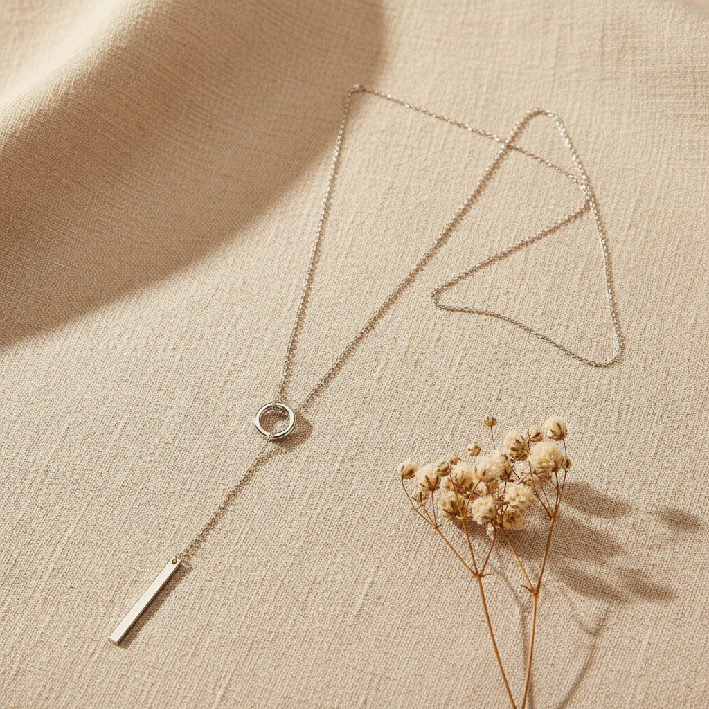 Silver lariat link necklace - front view