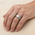 Male model hand wearing brushed silver tungsten ring