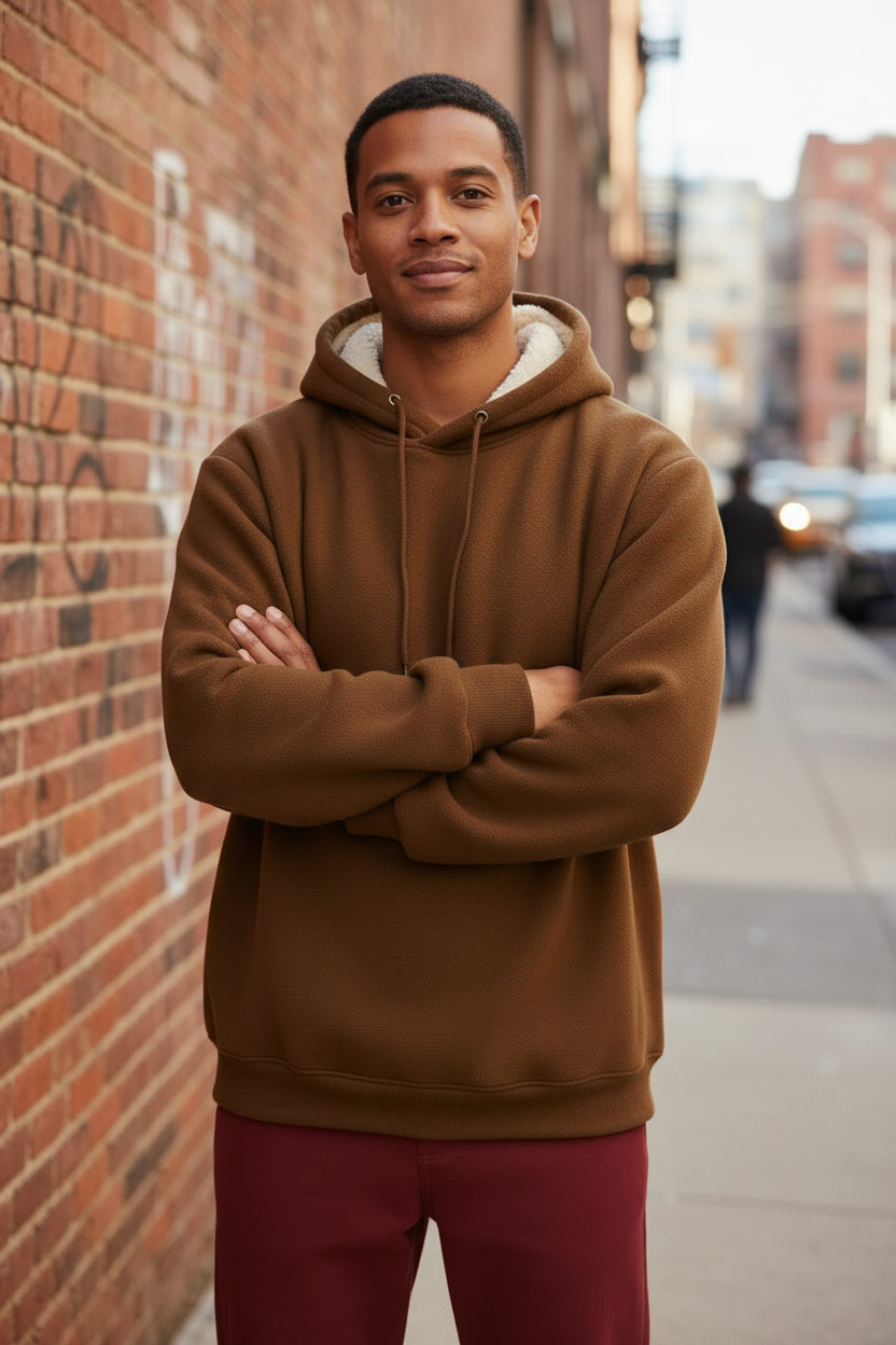 Sherpa Lined Thermal Hoodie - Asian Model, Urban Background