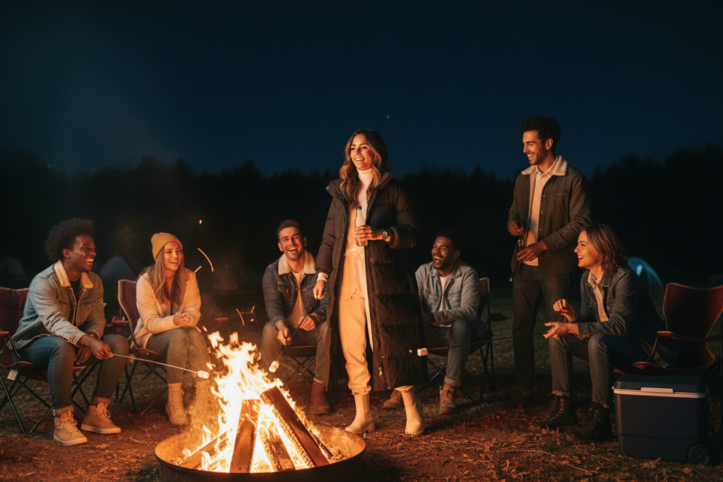 SleekQuilt Puffer Jacket - Nighttime Bonfire with Friends